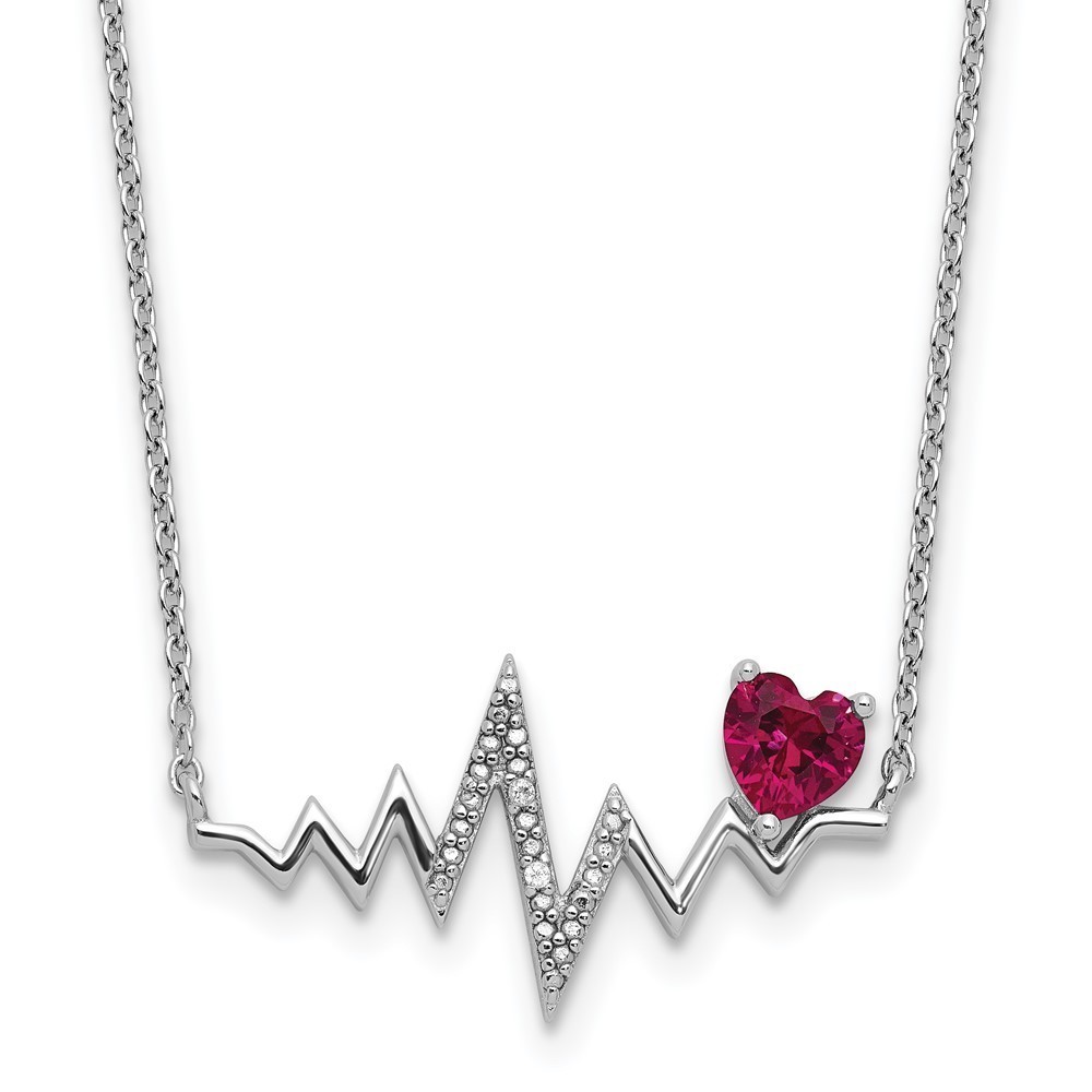 925 Sterling Silver RH-plated  Lab Created Ruby and CZ Heartbeat Necklace